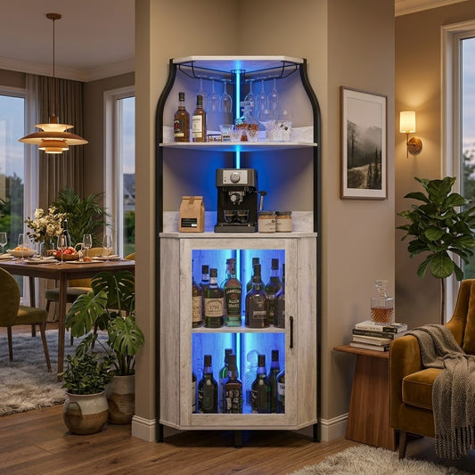 Le Sanctuaire d'Angle, meuble bar d'angle cinq niveaux avec éclairage LED intégré - Cave & Comptoir