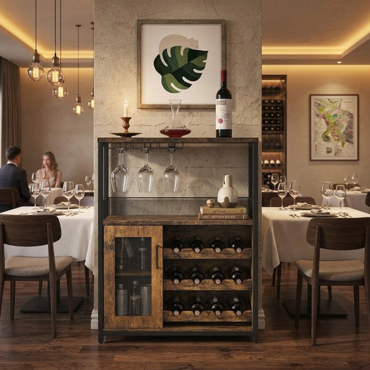 La Première Voûte, buffet bar trois niveaux en bois avec porte grillagée métallique - Cave & Comptoir