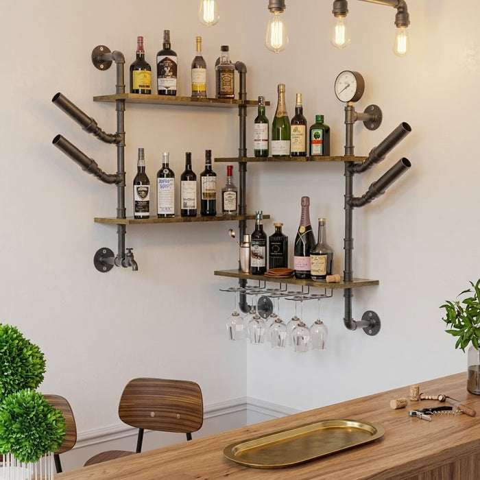 Le Bar Industriel, étagères murales en tuyaux pour bouteilles et verres - Cave & Comptoir