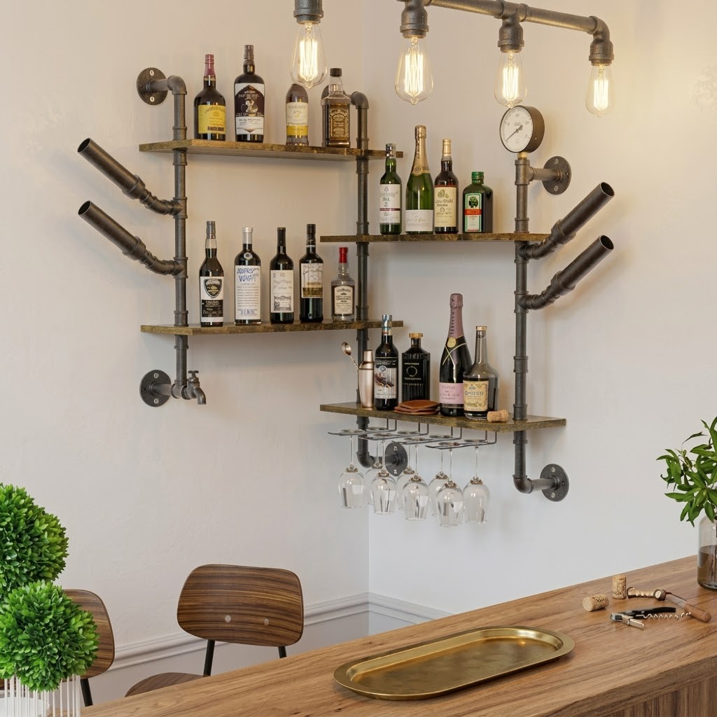 Le Bar Industriel, étagères murales en tuyaux pour bouteilles et verres, photo 3