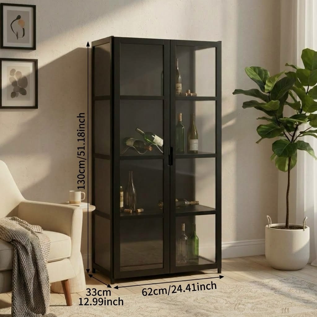 L'Écrin, vitrine haute à portes coulissantes, quatre étagères, dimensions indiquées