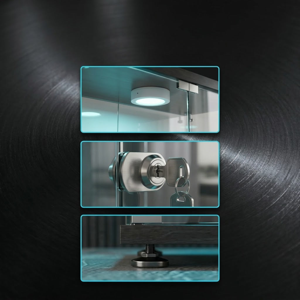 La Galerie, grande vitrine en verre avec LED et serrure, détail de l’éclairage et de la serrure