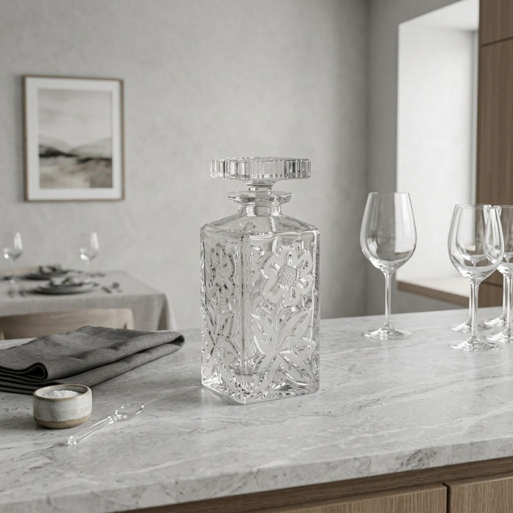 La Fleurie, carafe carrée à décor floral, présentation en situation avec des verres