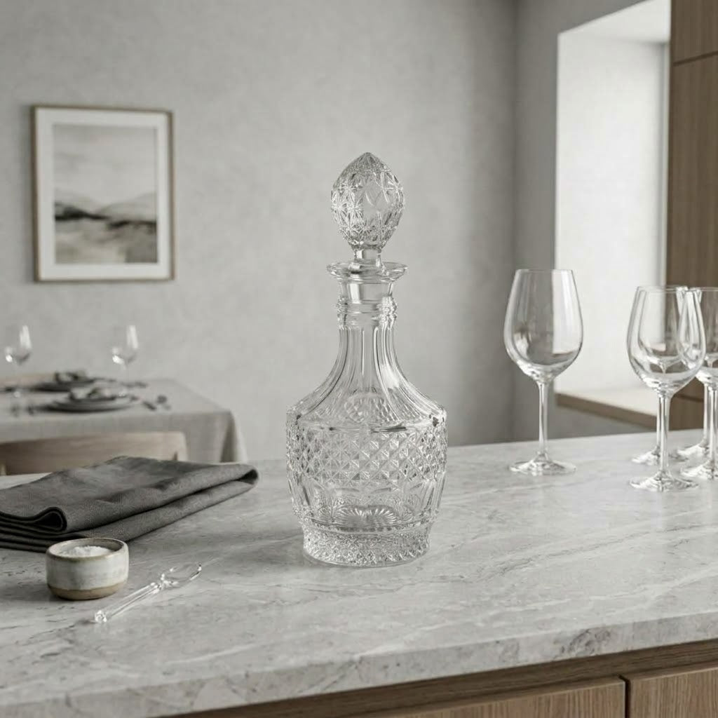 Le Diamant, carafe à pointes de diamant, présentation en situation avec des verres