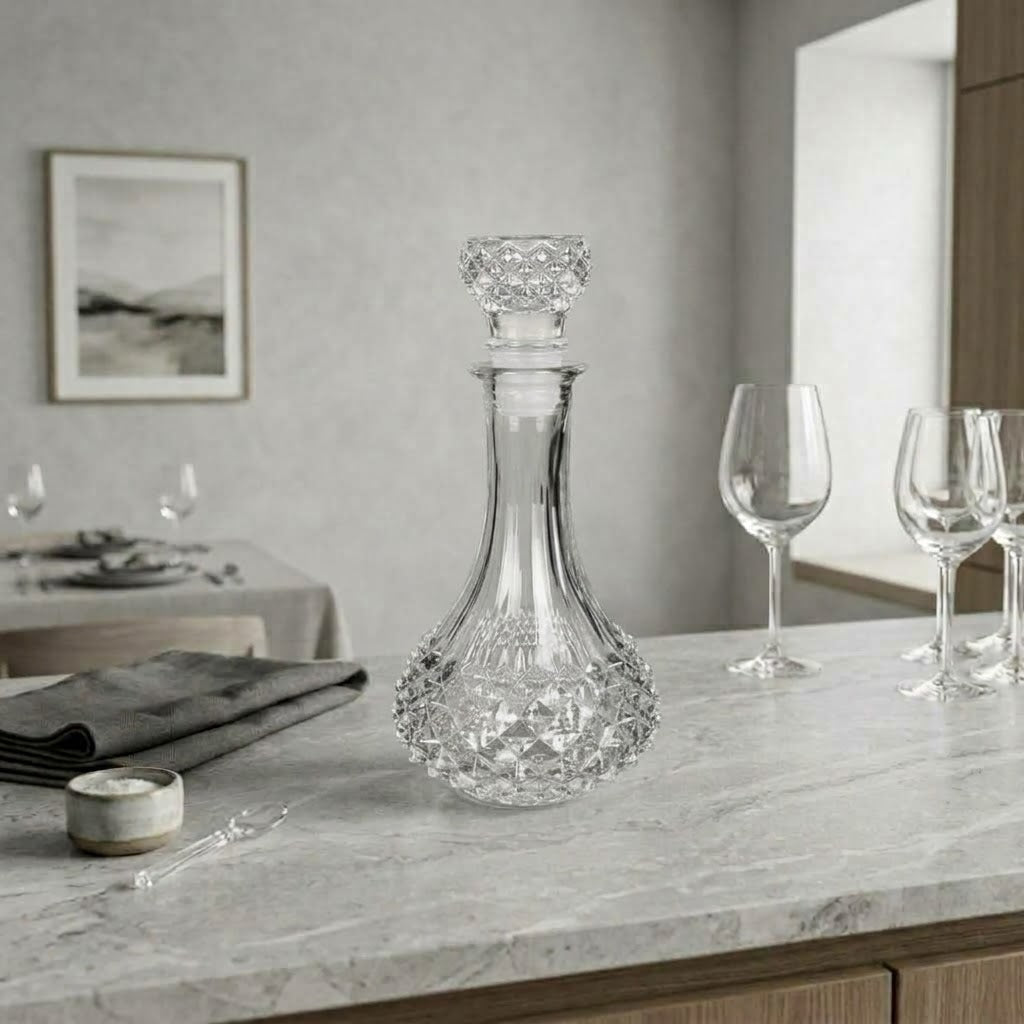 La Couronne, carafe à base perlée, présentation en situation avec des verres