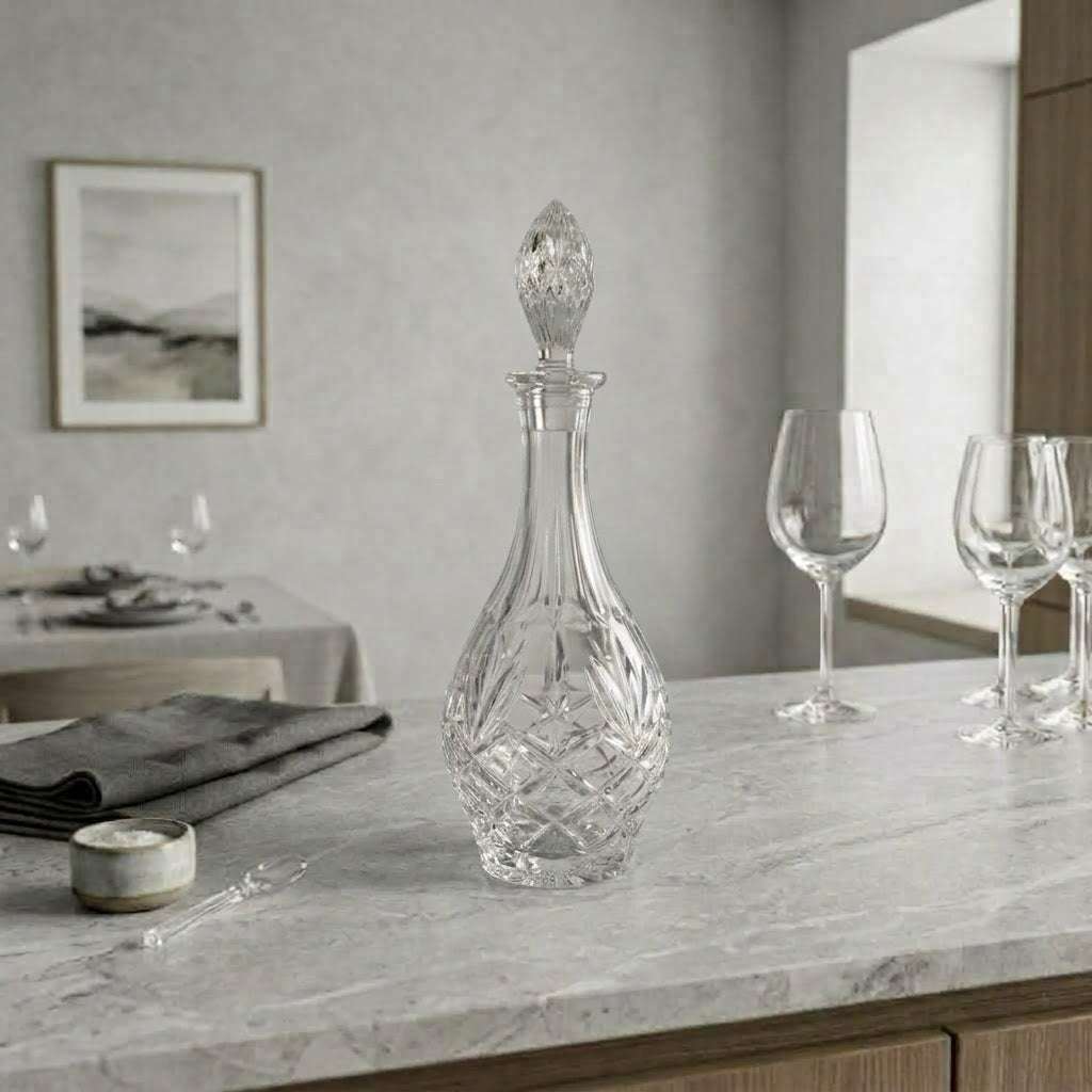 L'Élancée, carafe haute à long col, présentation en situation avec des verres