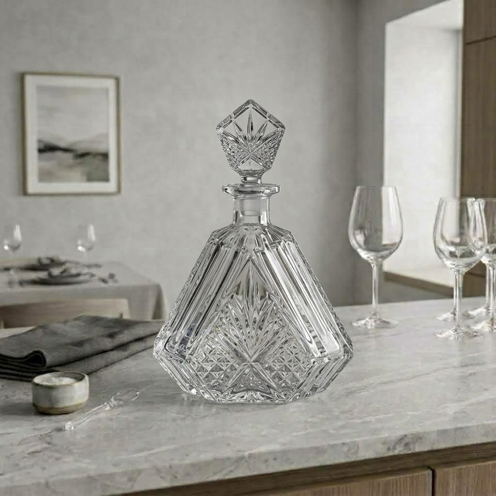 La Pyramide, carafe triangulaire taillée, présentation en situation avec des verres