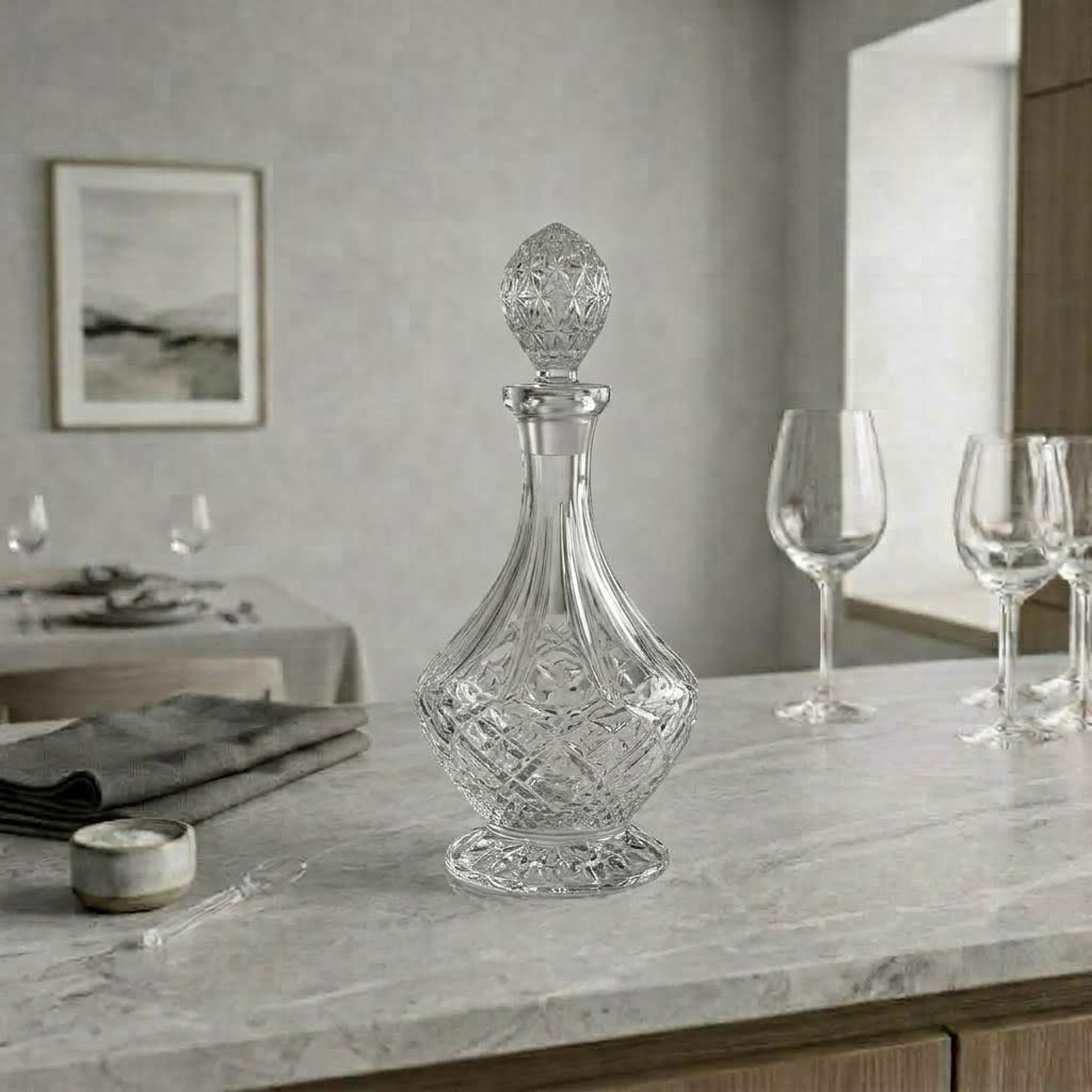 La Tulipe, carafe sur pied taillée, présentation en situation avec des verres