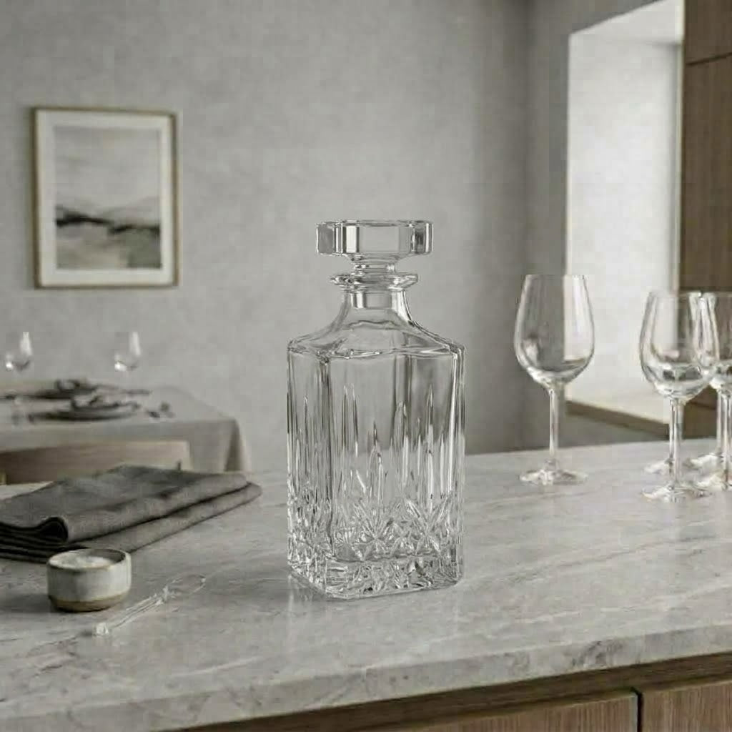 Le Carré Taillé, carafe carrée taillée, présentation en situation avec des verres