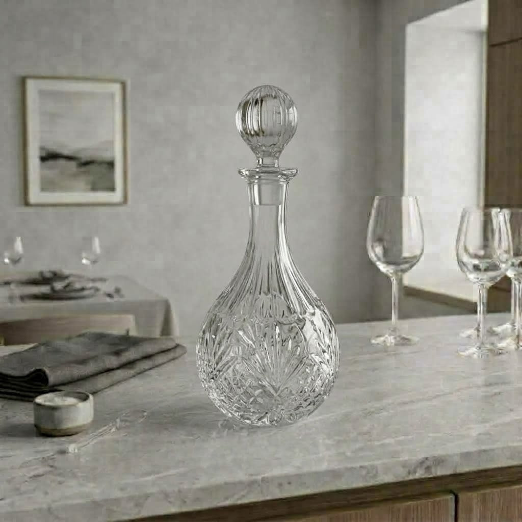 La Rondeur, carafe ronde à cannelures, présentation en situation avec des verres