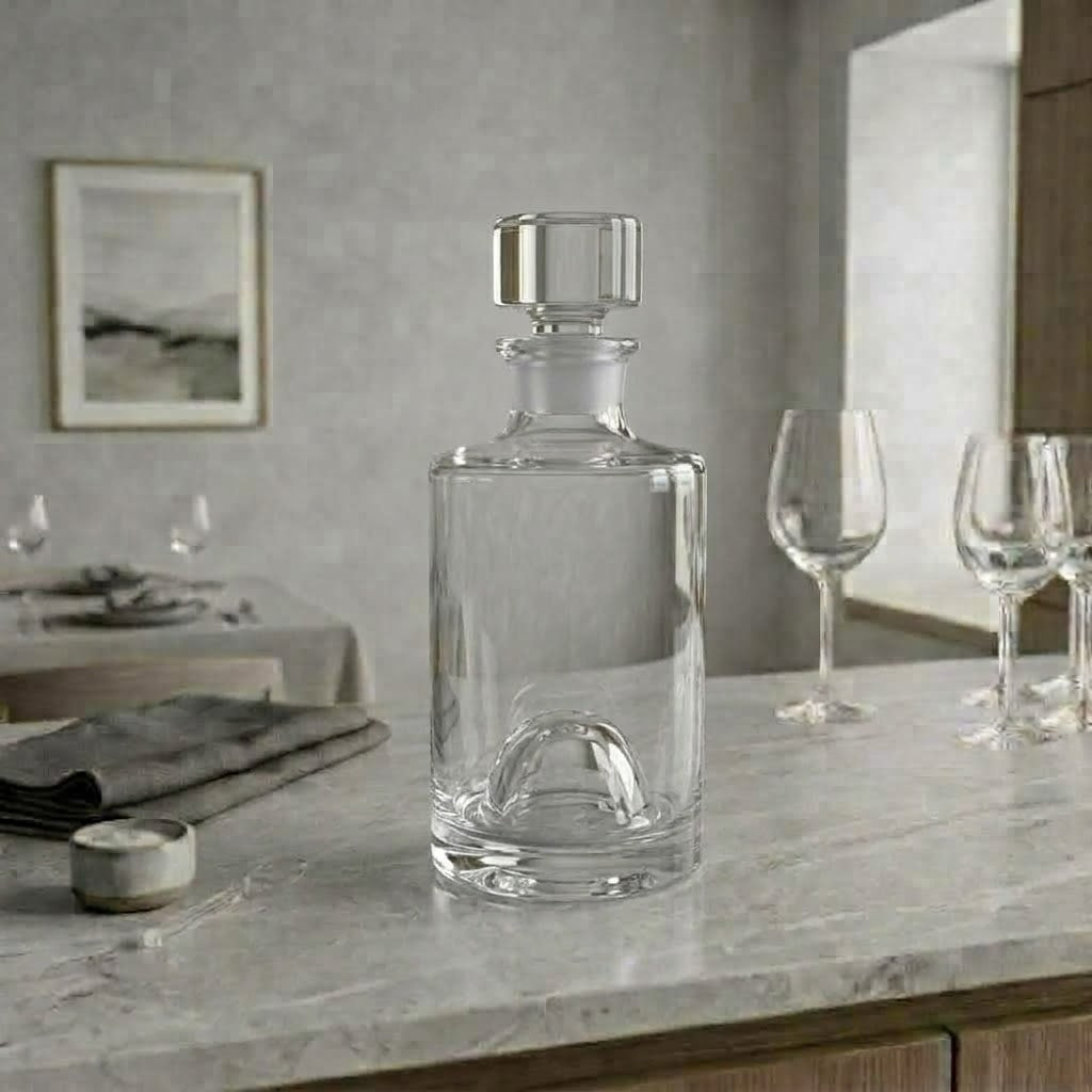 Le Cylindre, carafe cylindrique lisse, présentation en situation avec des verres