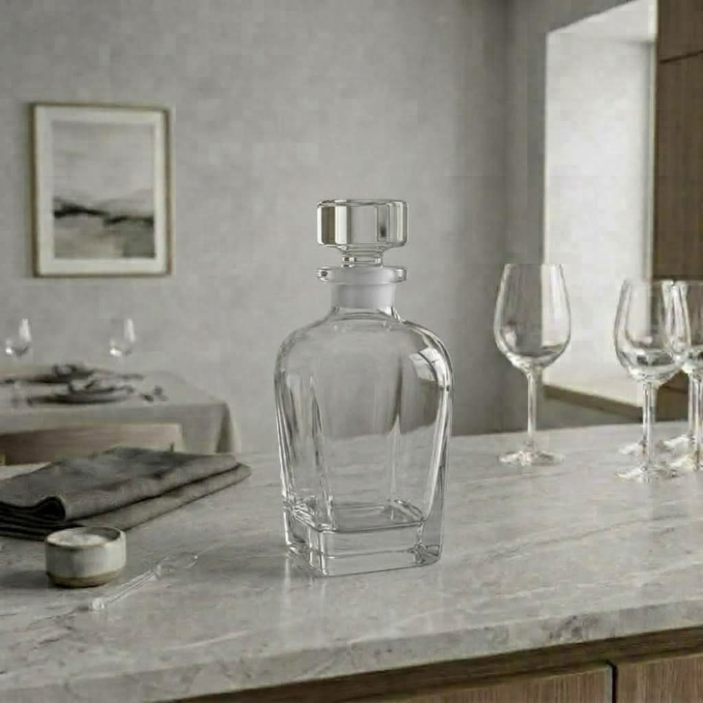 Le Galet, carafe lisse à bouchon rond, présentation en situation avec des verres