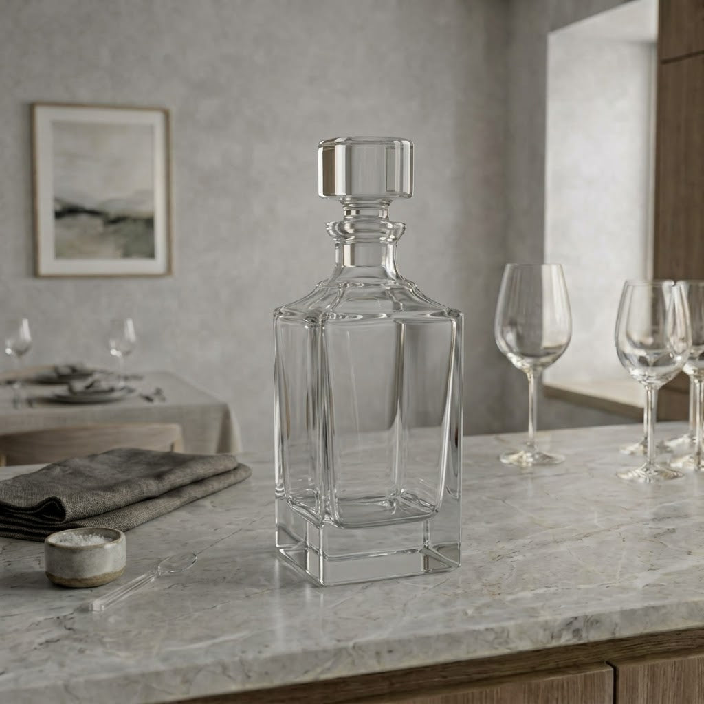 Le Cube, carafe carrée lisse, présentation en situation avec des verres