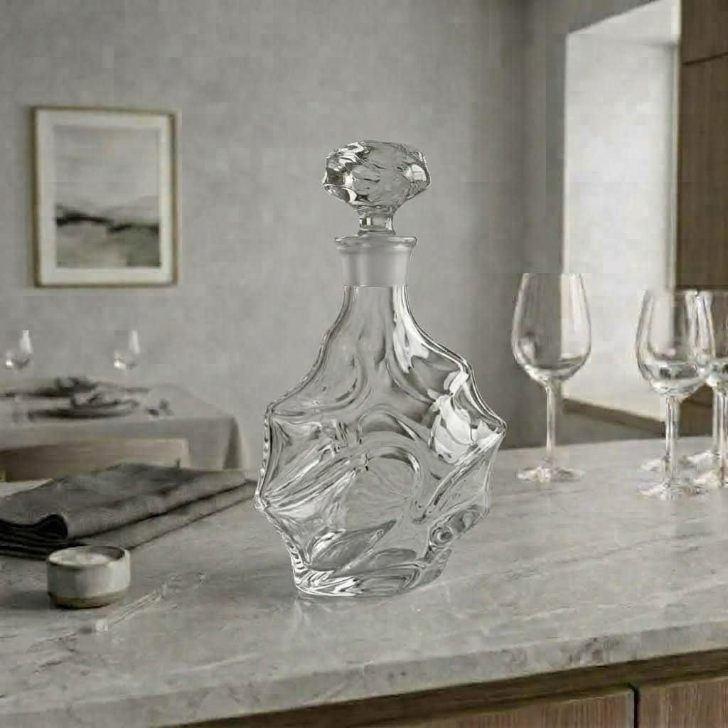 La Sculpture, carafe de forme libre, présentation en situation avec des verres