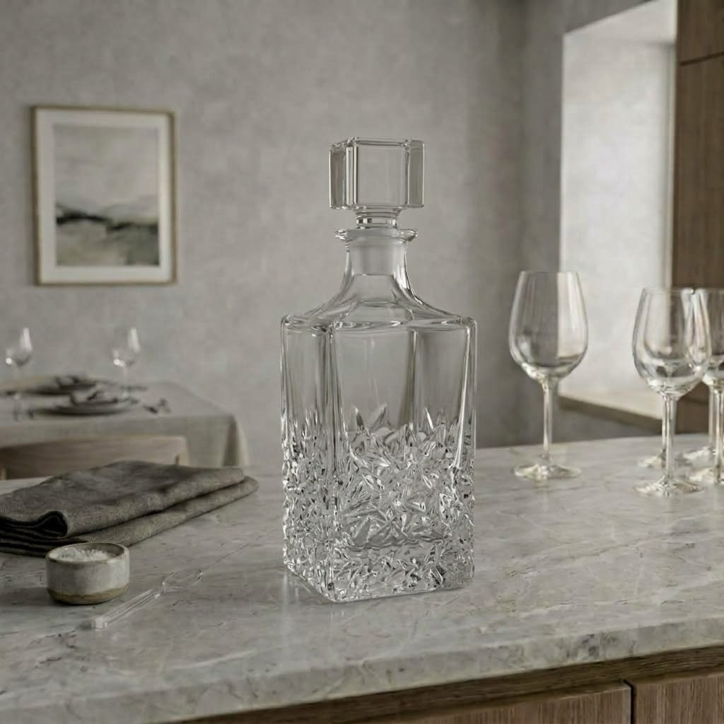 Le Pavé, carafe rectangulaire à base taillée, présentation en situation avec des verres