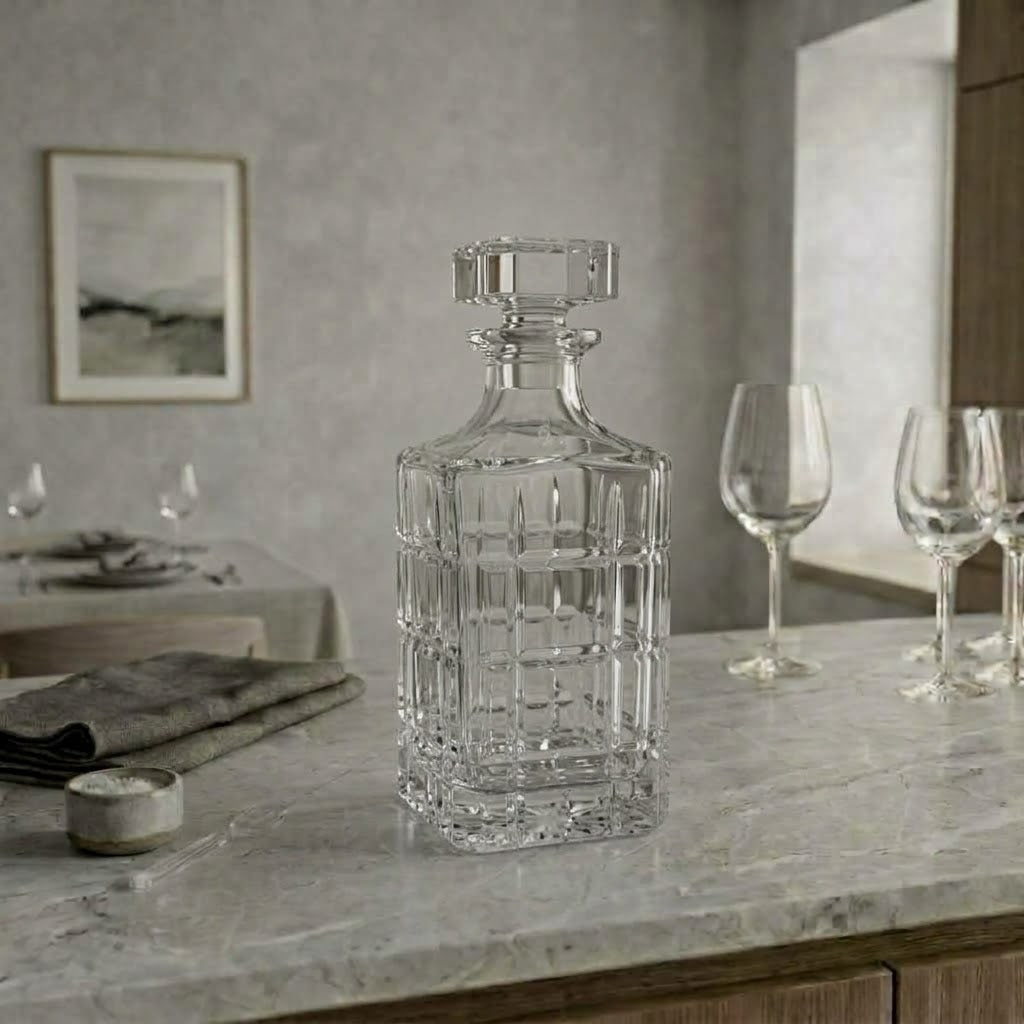 Le Damier, carafe carrée à taille quadrillée, présentation en situation avec des verres