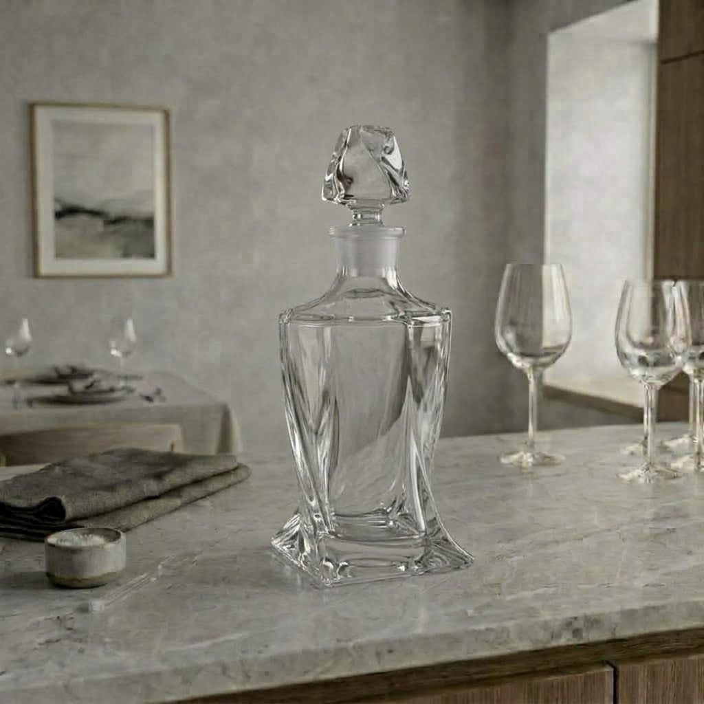 La Spirale, carafe torsadée à bouchon sculpté, présentation en situation avec des verres
