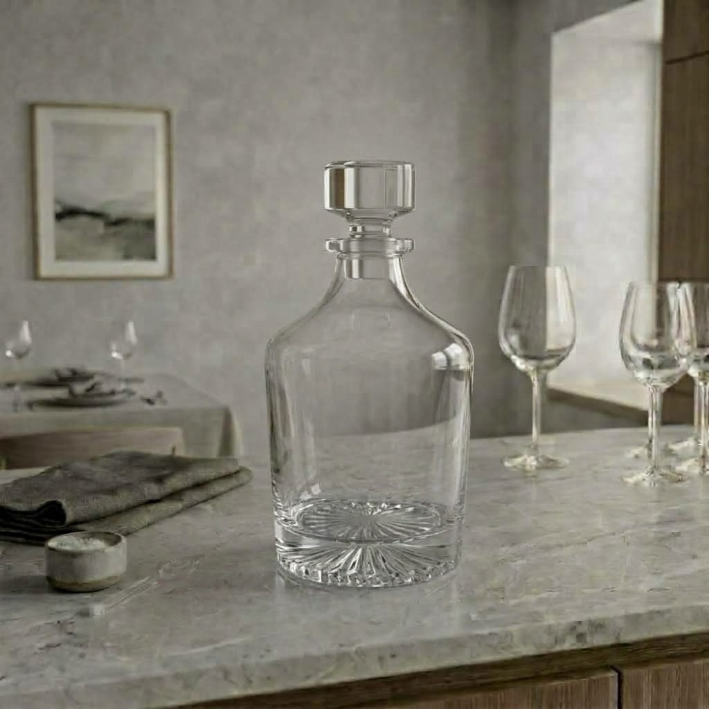 L'Éclat, carafe lisse à fond étoilé, présentation en situation avec des verres