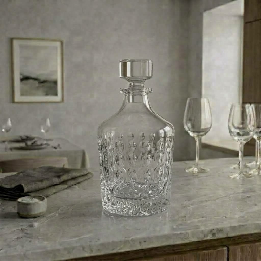 La Goutte, carafe à motif de gouttes, présentation en situation avec des verres