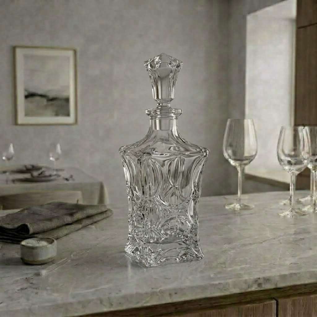 Le Ruban, carafe à corps torsadé, présentation en situation avec des verres