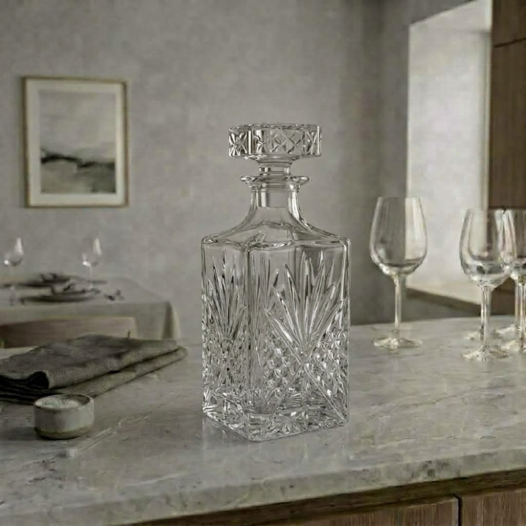 L'Éventail, carafe rectangulaire taillée en éventail, présentation en situation avec des verres