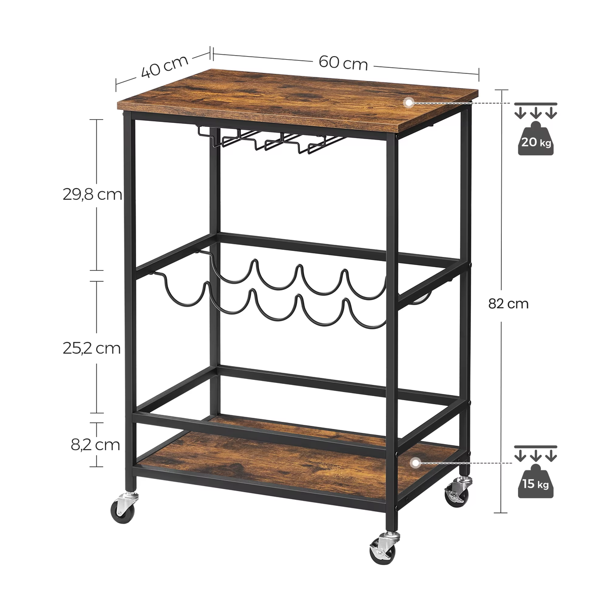 Le Chariot du Sommelier, desserte roulante pour le service du vin, schéma des dimensions