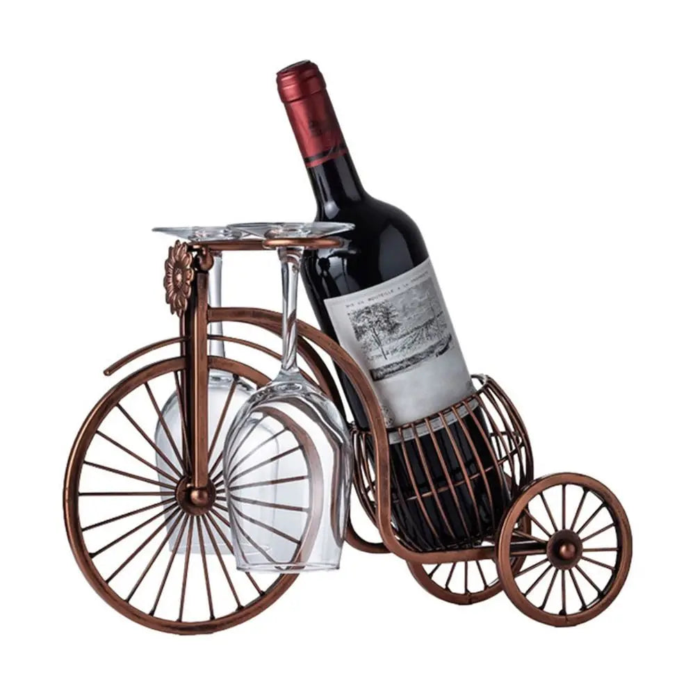Le Tricycle Vendangeur, modèle Grande Roue avec Porte-Verres, présentation avec bouteille et verres