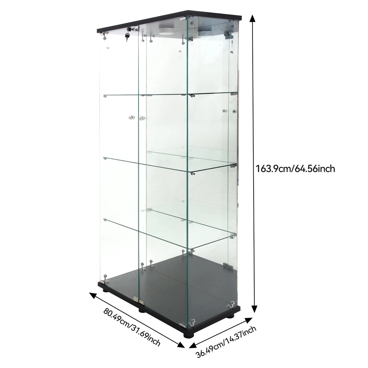 La Galerie, grande vitrine en verre avec LED et serrure, schéma des dimensions