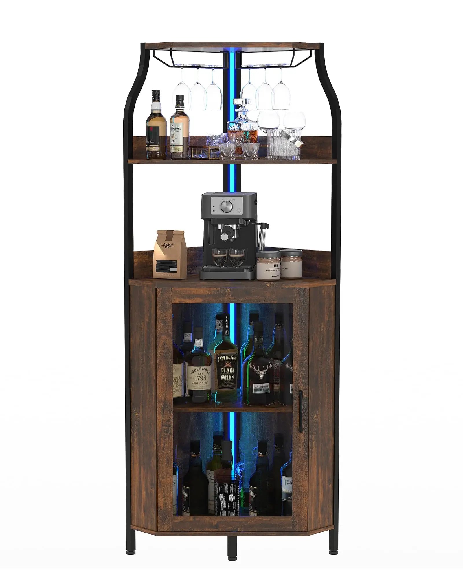 Le Sanctuaire d'Angle, meuble bar d'angle, rangement bouteilles et présentoir à verres